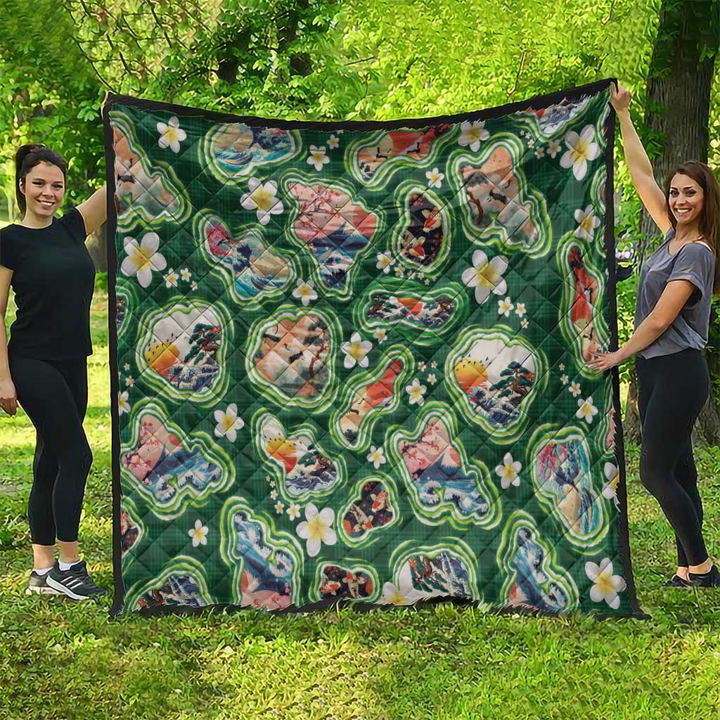 Hawaiian and Japanese Culture Together Quilt Hawaiian Island Shapes with Japanese Landscape Green Color LT03 - Polynesian Pride