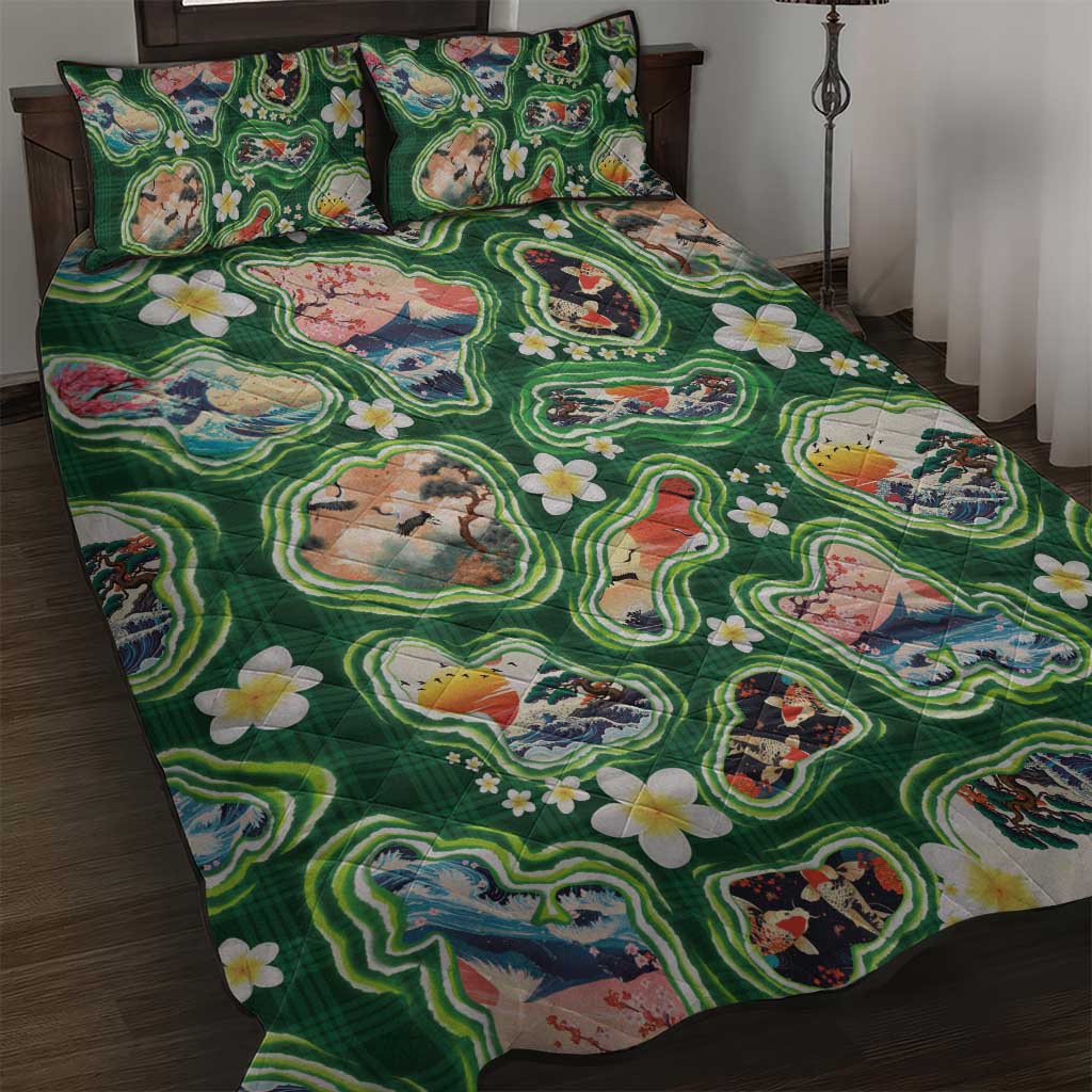 Hawaiian and Japanese Culture Together Quilt Bed Set Hawaiian Island Shapes with Japanese Landscape Green Color
