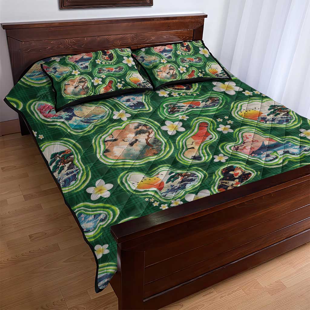 Hawaiian and Japanese Culture Together Quilt Bed Set Hawaiian Island Shapes with Japanese Landscape Green Color LT03 - Polynesian Pride