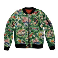 Hawaiian and Japanese Culture Together Sleeve Zip Bomber Jacket Hawaiian Island Shapes with Japanese Landscape Green Color LT03 Unisex Green - Polynesian Pride