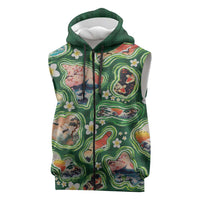 Hawaiian and Japanese Culture Together Sleeveless Zip Hoodie Hawaiian Island Shapes with Japanese Landscape Green Color LT03 Green - Polynesian Pride