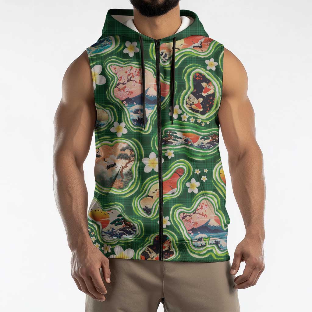 Hawaiian and Japanese Culture Together Sleeveless Zip Hoodie Hawaiian Island Shapes with Japanese Landscape Green Color LT03 - Polynesian Pride