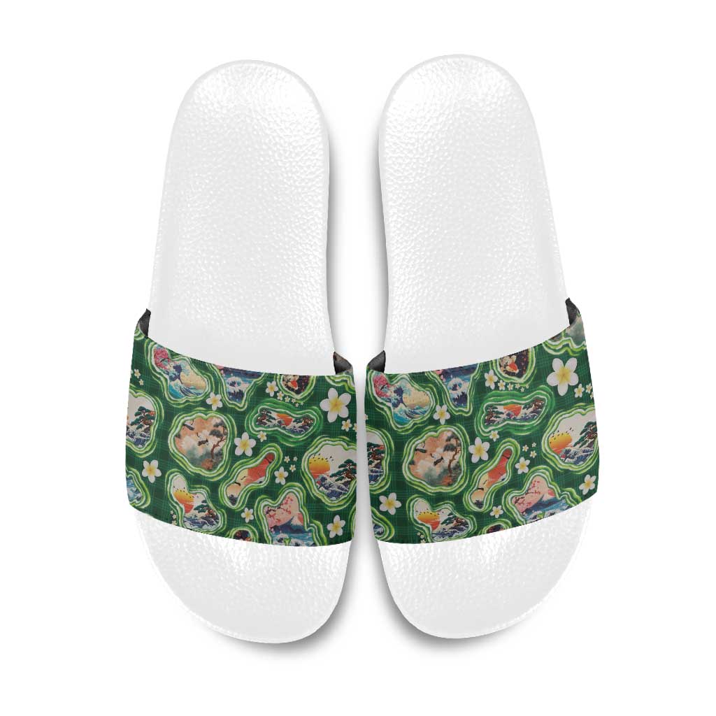 Hawaiian and Japanese Culture Together Slide Sandals Hawaiian Island Shapes with Japanese Landscape Green Color LT03 Green - Polynesian Pride