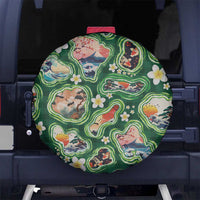 Hawaiian and Japanese Culture Together Spare Tire Cover Hawaiian Island Shapes with Japanese Landscape Green Color LT03 No hole Green - Polynesian Pride