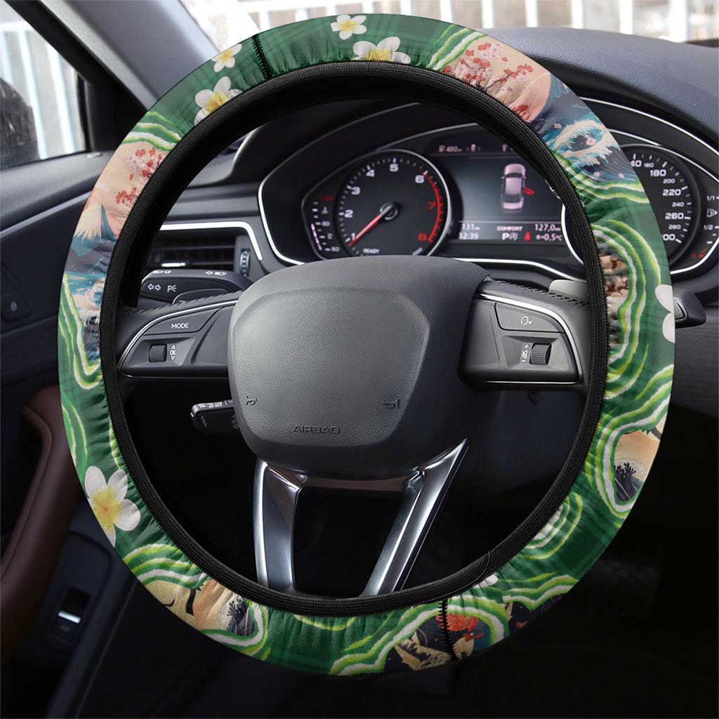 Hawaiian and Japanese Culture Together Steering Wheel Cover Hawaiian Island Shapes with Japanese Landscape Green Color LT03 - Polynesian Pride