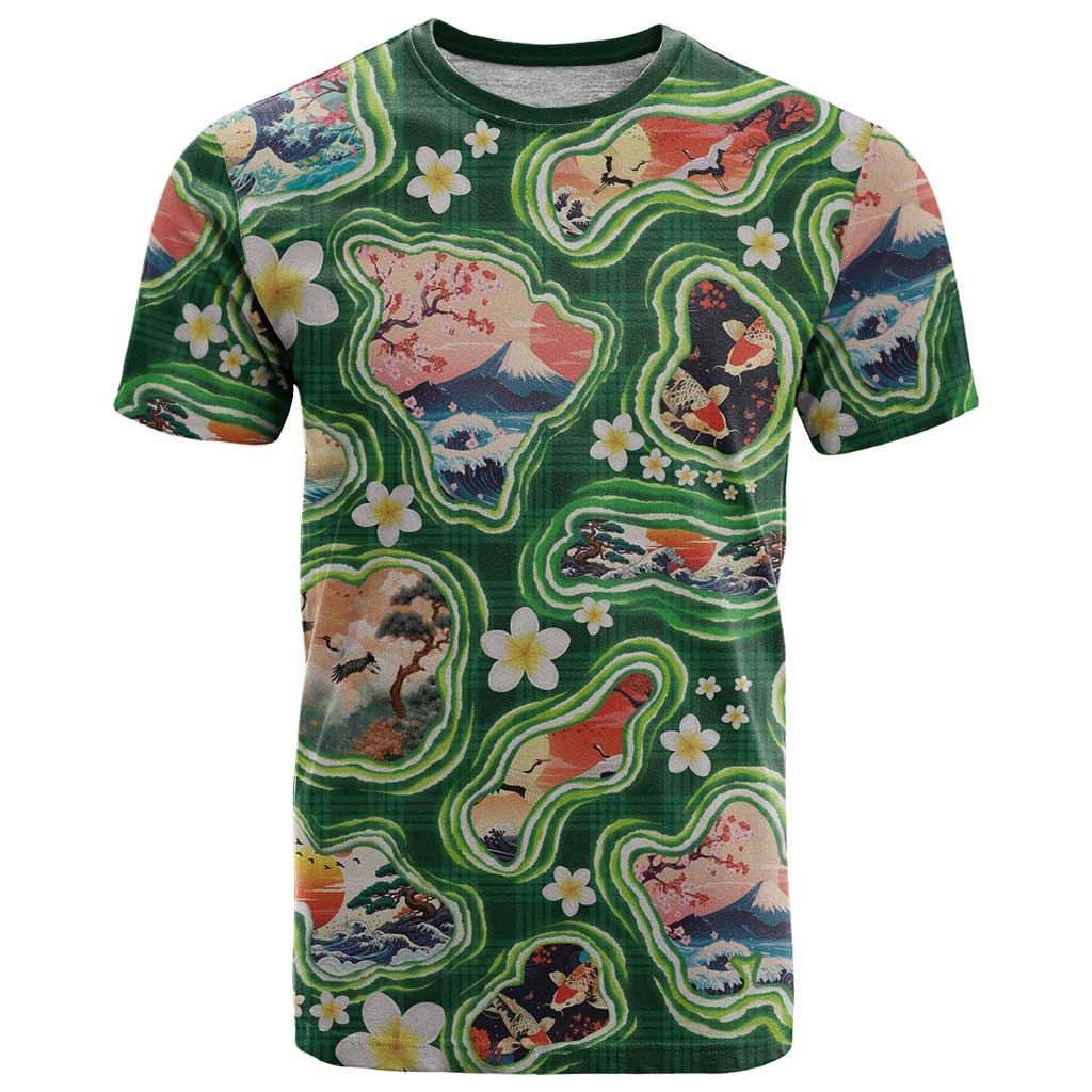 Hawaiian and Japanese Culture Together T Shirt Hawaiian Island Shapes with Japanese Landscape Green Color