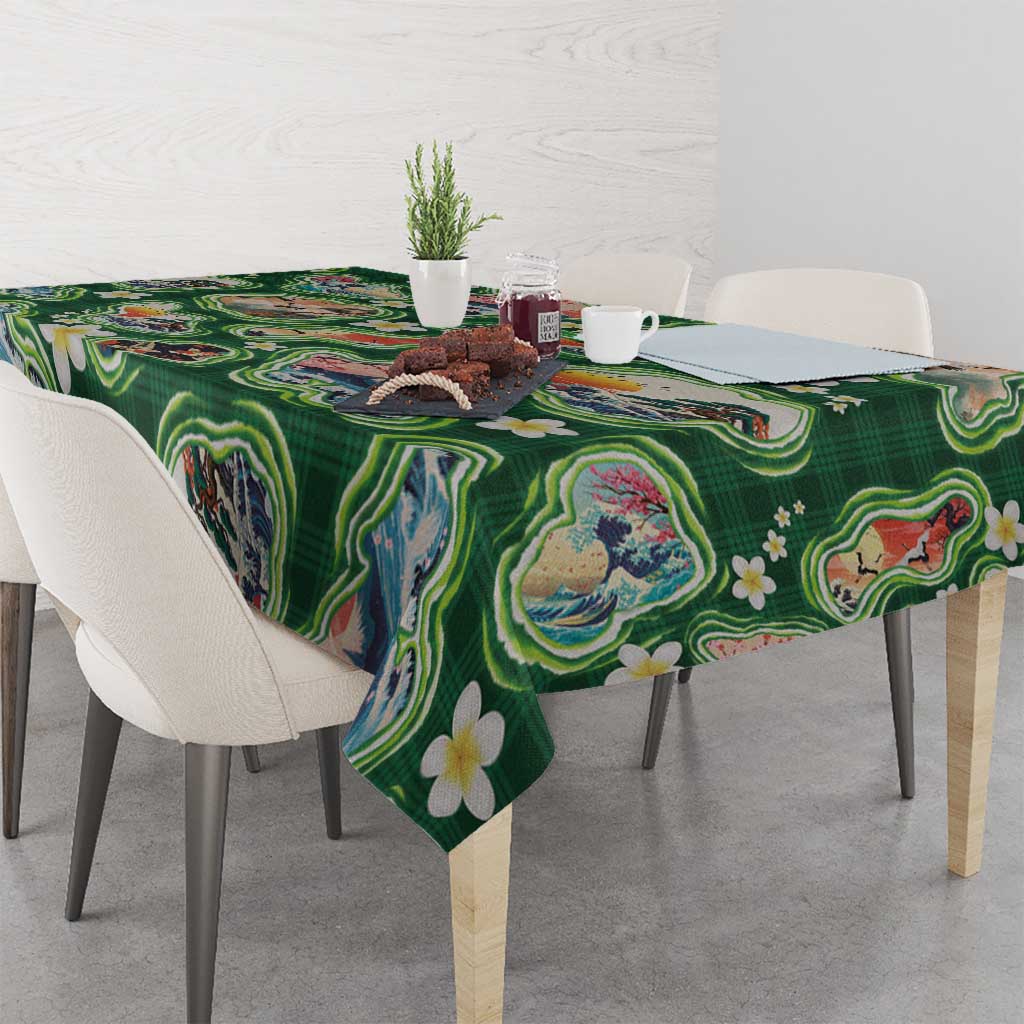 Hawaiian and Japanese Culture Together Tablecloth Hawaiian Island Shapes with Japanese Landscape Green Color LT03 - Polynesian Pride