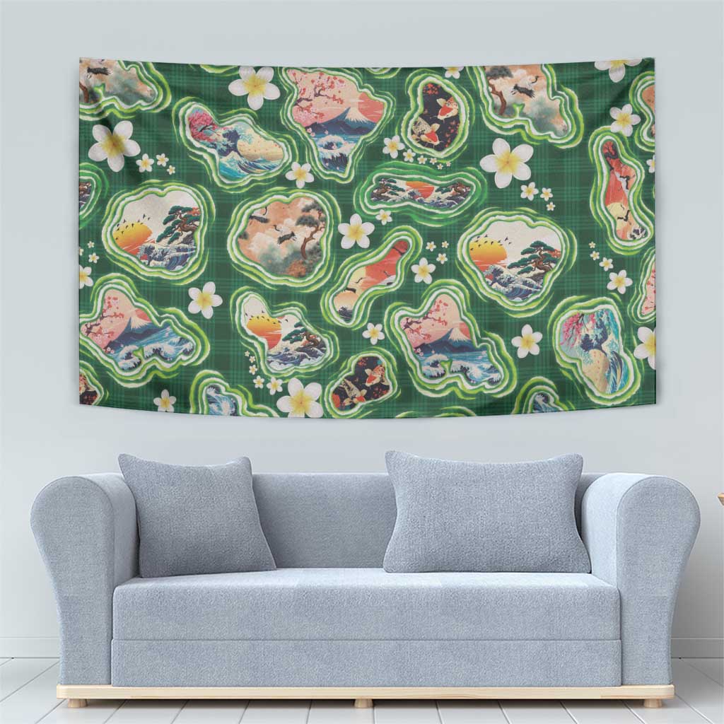 Hawaiian and Japanese Culture Together Tapestry Hawaiian Island Shapes with Japanese Landscape Green Color LT03 - Polynesian Pride
