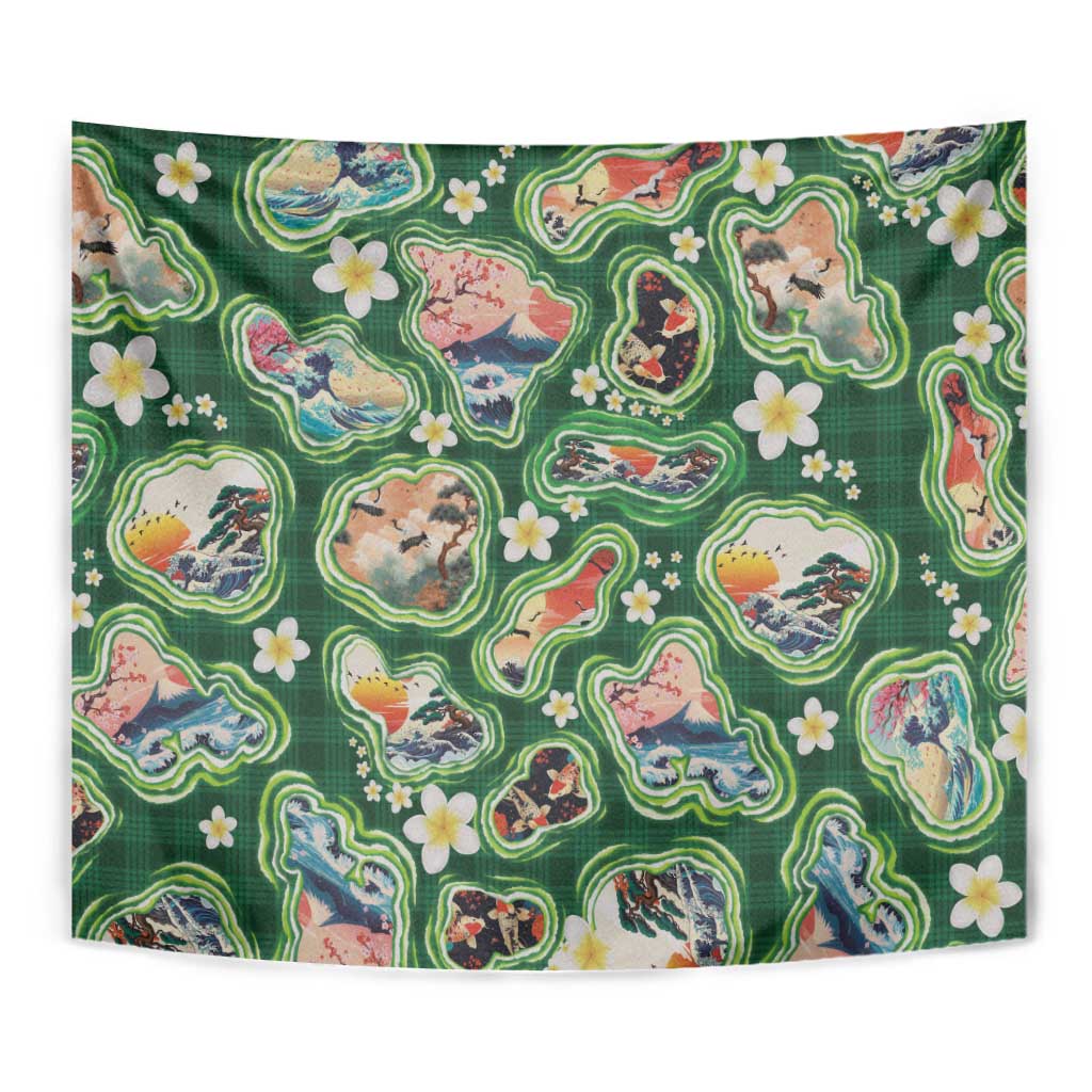 Hawaiian and Japanese Culture Together Tapestry Hawaiian Island Shapes with Japanese Landscape Green Color LT03 - Polynesian Pride