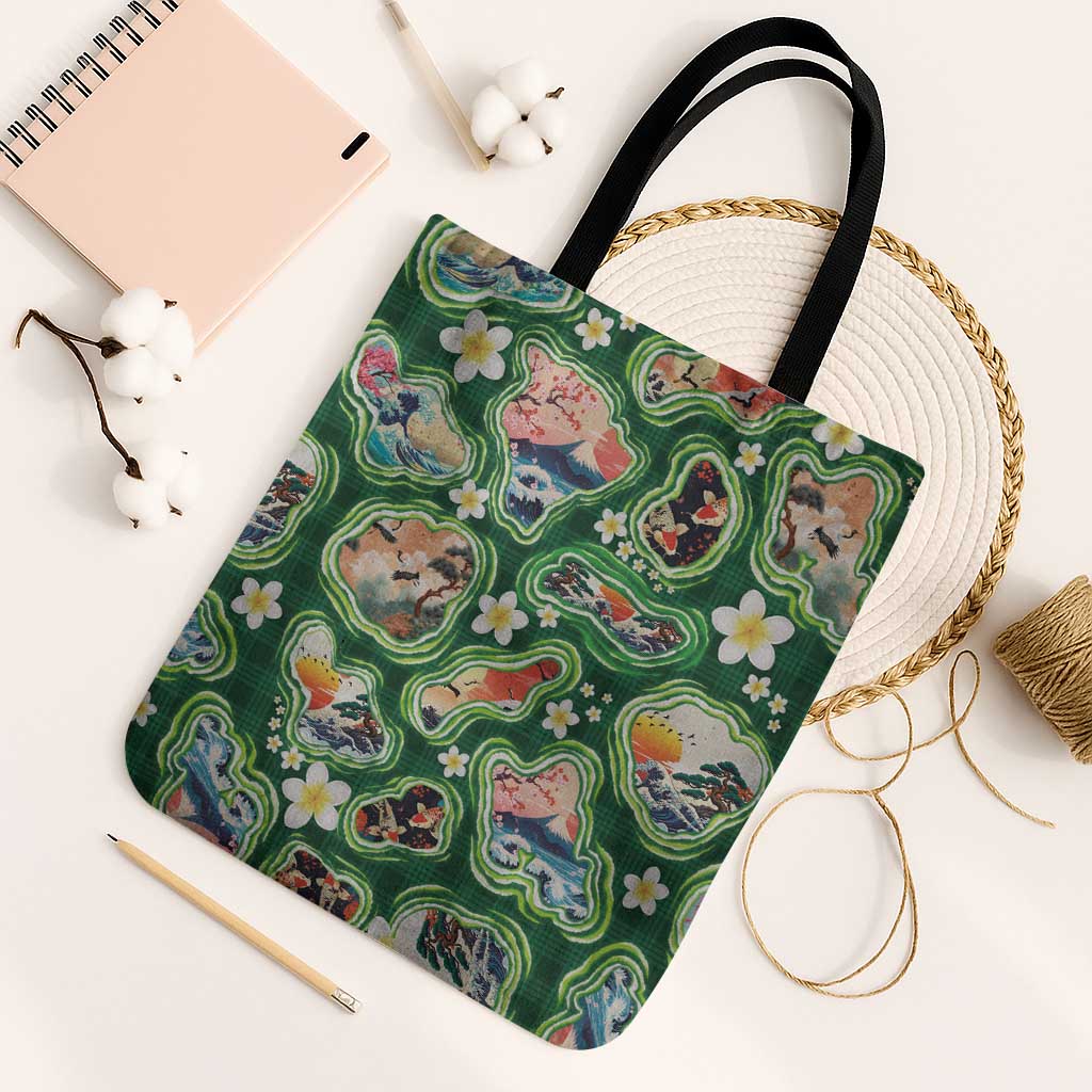 Hawaiian and Japanese Culture Together Tote Bag Hawaiian Island Shapes with Japanese Landscape Green Color LT03 Black Strap One Size Green - Polynesian Pride