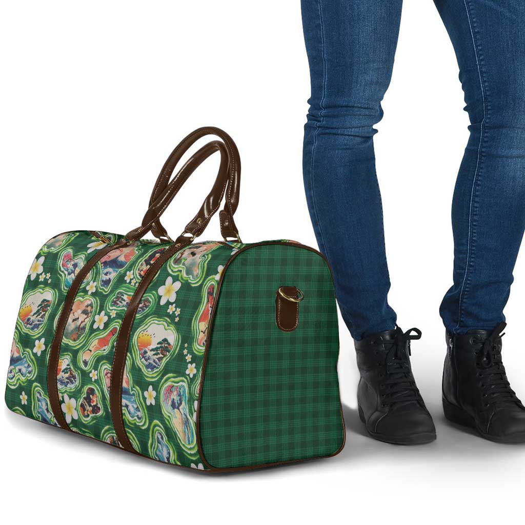 Hawaiian and Japanese Culture Together Travel Bag Hawaiian Island Shapes with Japanese Landscape Green Color LT03 - Polynesian Pride