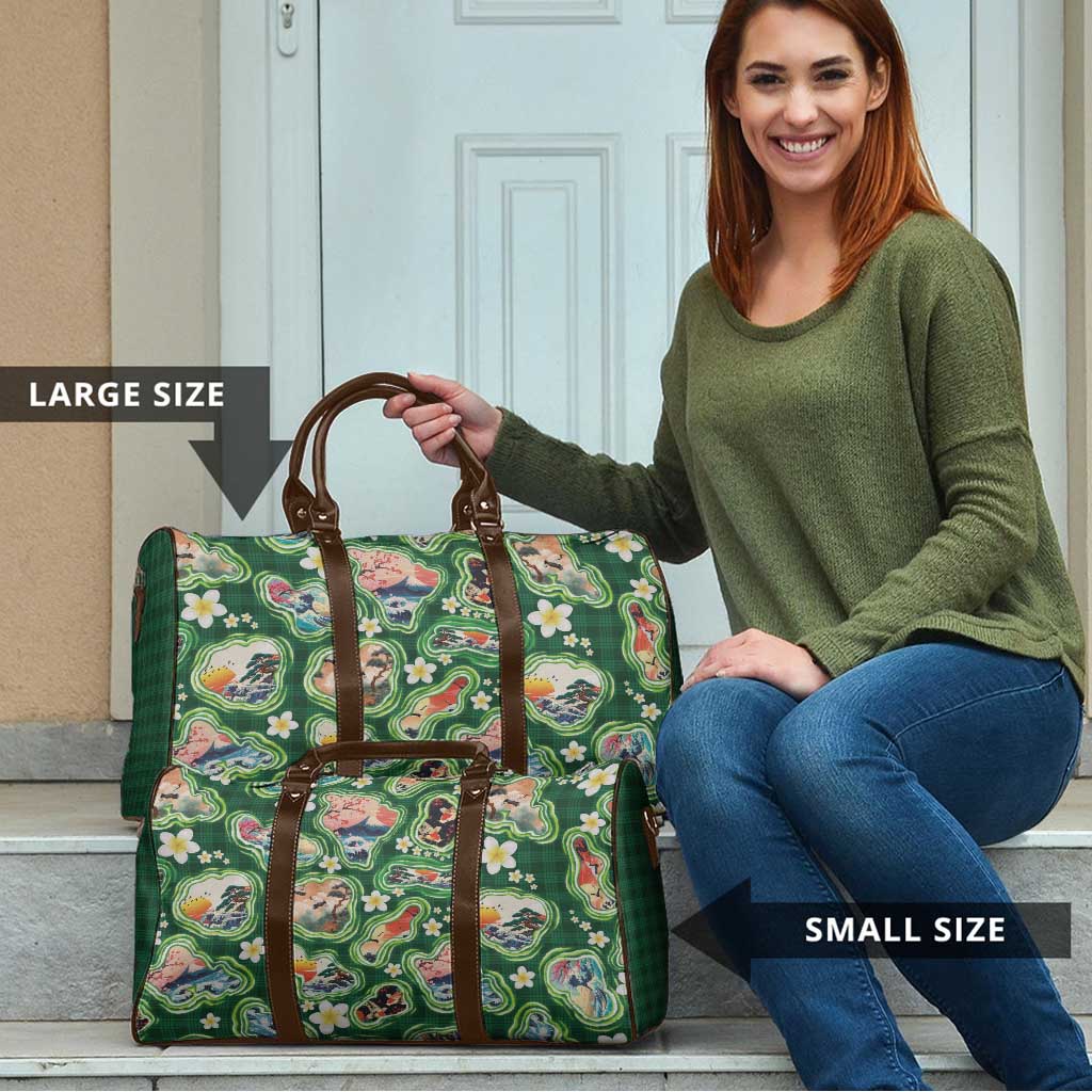 Hawaiian and Japanese Culture Together Travel Bag Hawaiian Island Shapes with Japanese Landscape Green Color LT03 - Polynesian Pride