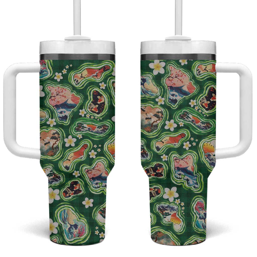 Hawaiian and Japanese Culture Together Tumbler With Handle Hawaiian Island Shapes with Japanese Landscape Green Color LT03 One Size: 40 oz Green - Polynesian Pride