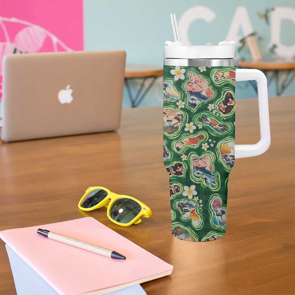 Hawaiian and Japanese Culture Together Tumbler With Handle Hawaiian Island Shapes with Japanese Landscape Green Color LT03 - Polynesian Pride