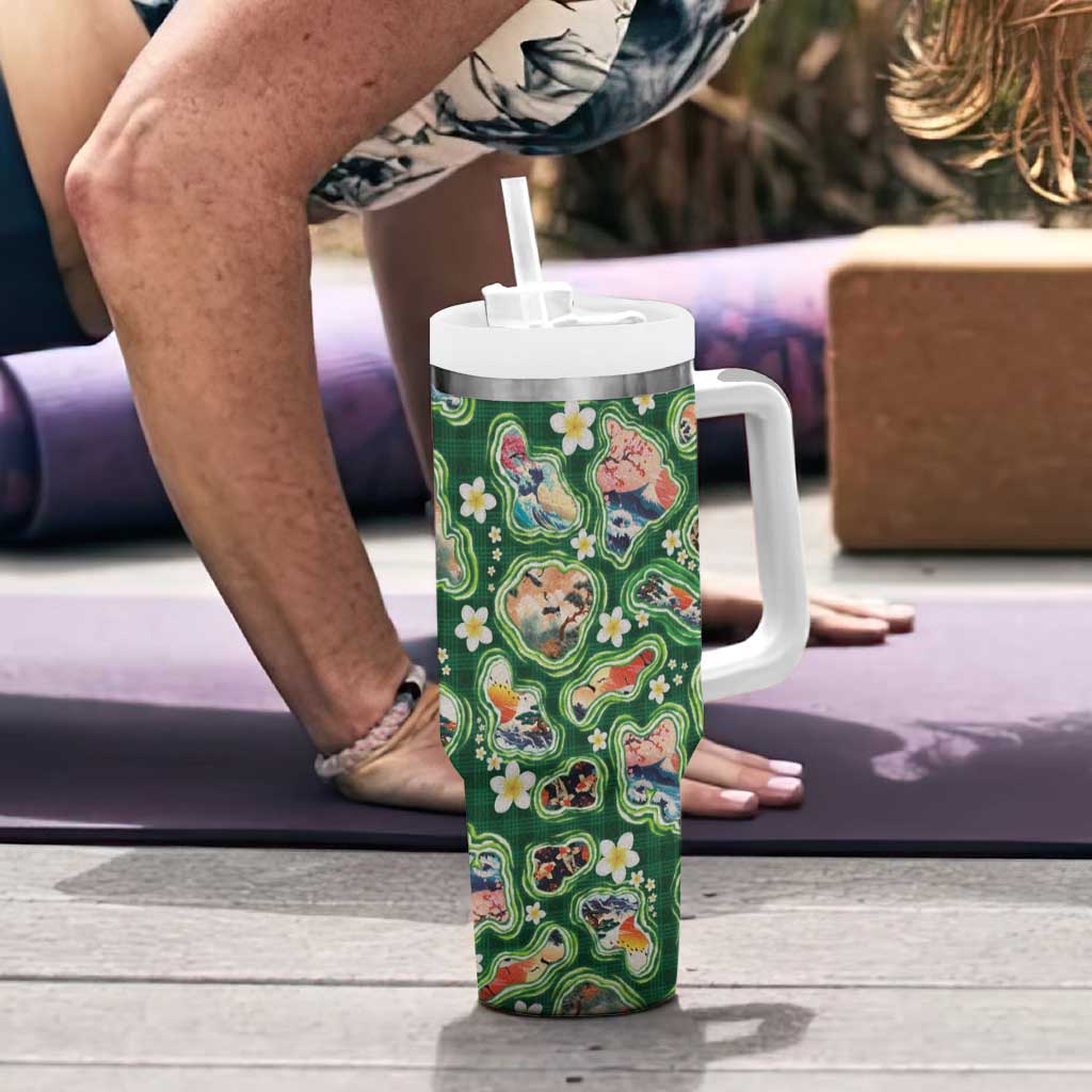 Hawaiian and Japanese Culture Together Tumbler With Handle Hawaiian Island Shapes with Japanese Landscape Green Color LT03 - Polynesian Pride
