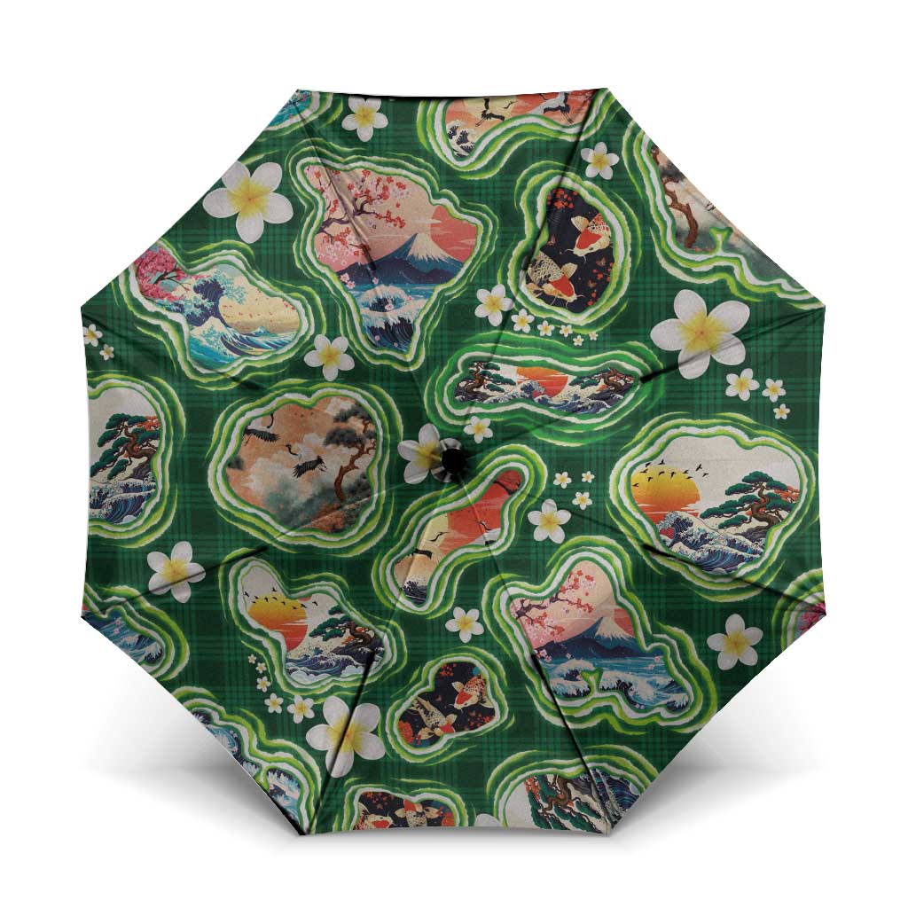 Hawaiian and Japanese Culture Together Umbrella Hawaiian Island Shapes with Japanese Landscape Green Color