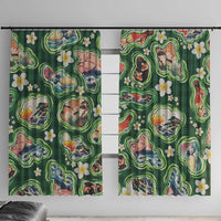 Hawaiian and Japanese Culture Together Window Curtain Hawaiian Island Shapes with Japanese Landscape Green Color LT03 With Hooks Green - Polynesian Pride
