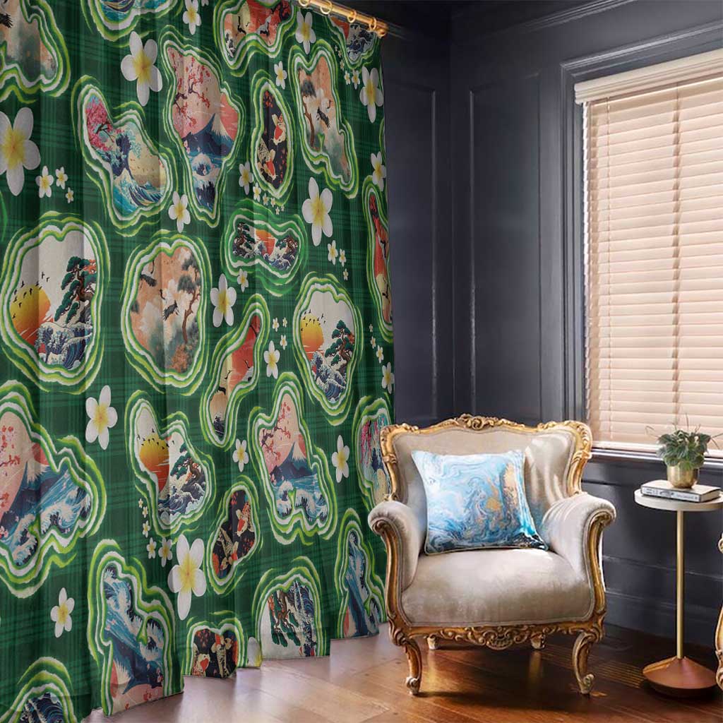 Hawaiian and Japanese Culture Together Window Curtain Hawaiian Island Shapes with Japanese Landscape Green Color LT03 - Polynesian Pride