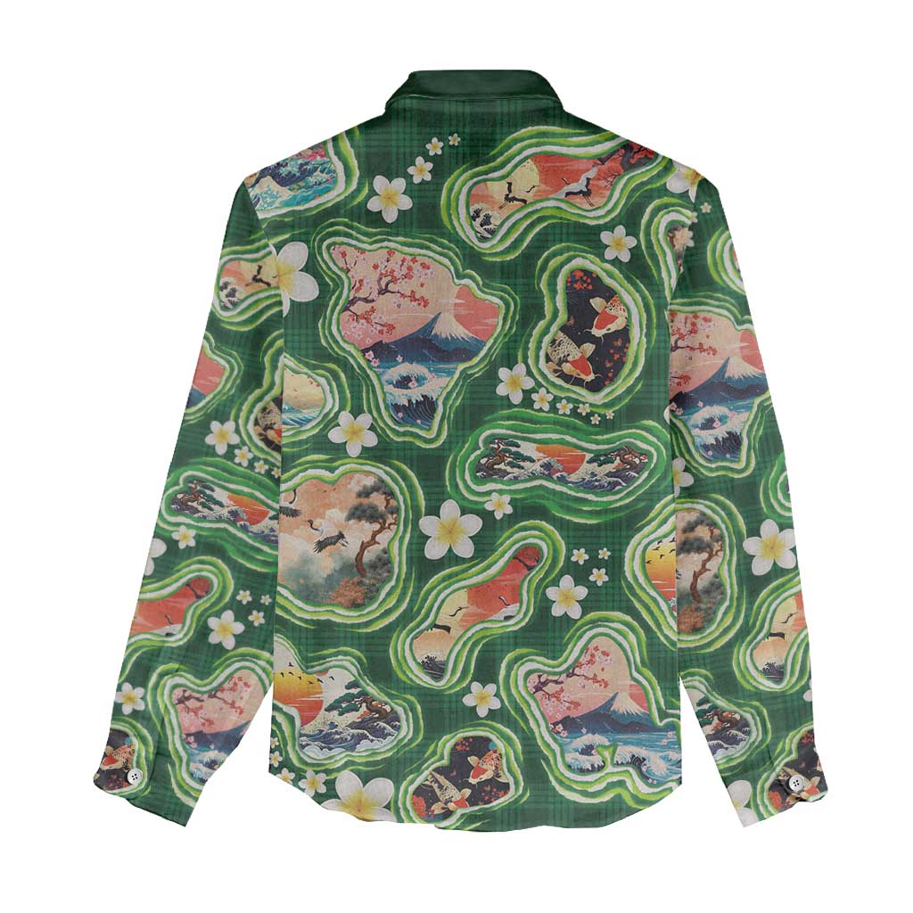 Hawaiian and Japanese Culture Together Women Casual Shirt Hawaiian Island Shapes with Japanese Landscape Green Color LT03 - Polynesian Pride