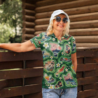 Hawaiian and Japanese Culture Together Women Polo Shirt Hawaiian Island Shapes with Japanese Landscape Green Color LT03 - Polynesian Pride