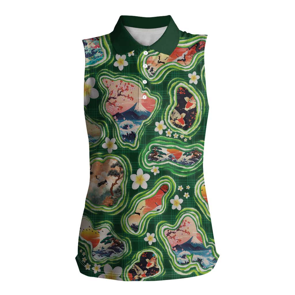Hawaiian and Japanese Culture Together Women Sleeveless Polo Shirt Hawaiian Island Shapes with Japanese Landscape Green Color LT03 Female Green - Polynesian Pride
