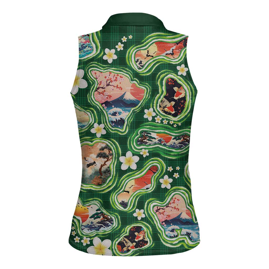 Hawaiian and Japanese Culture Together Women Sleeveless Polo Shirt Hawaiian Island Shapes with Japanese Landscape Green Color LT03 - Polynesian Pride