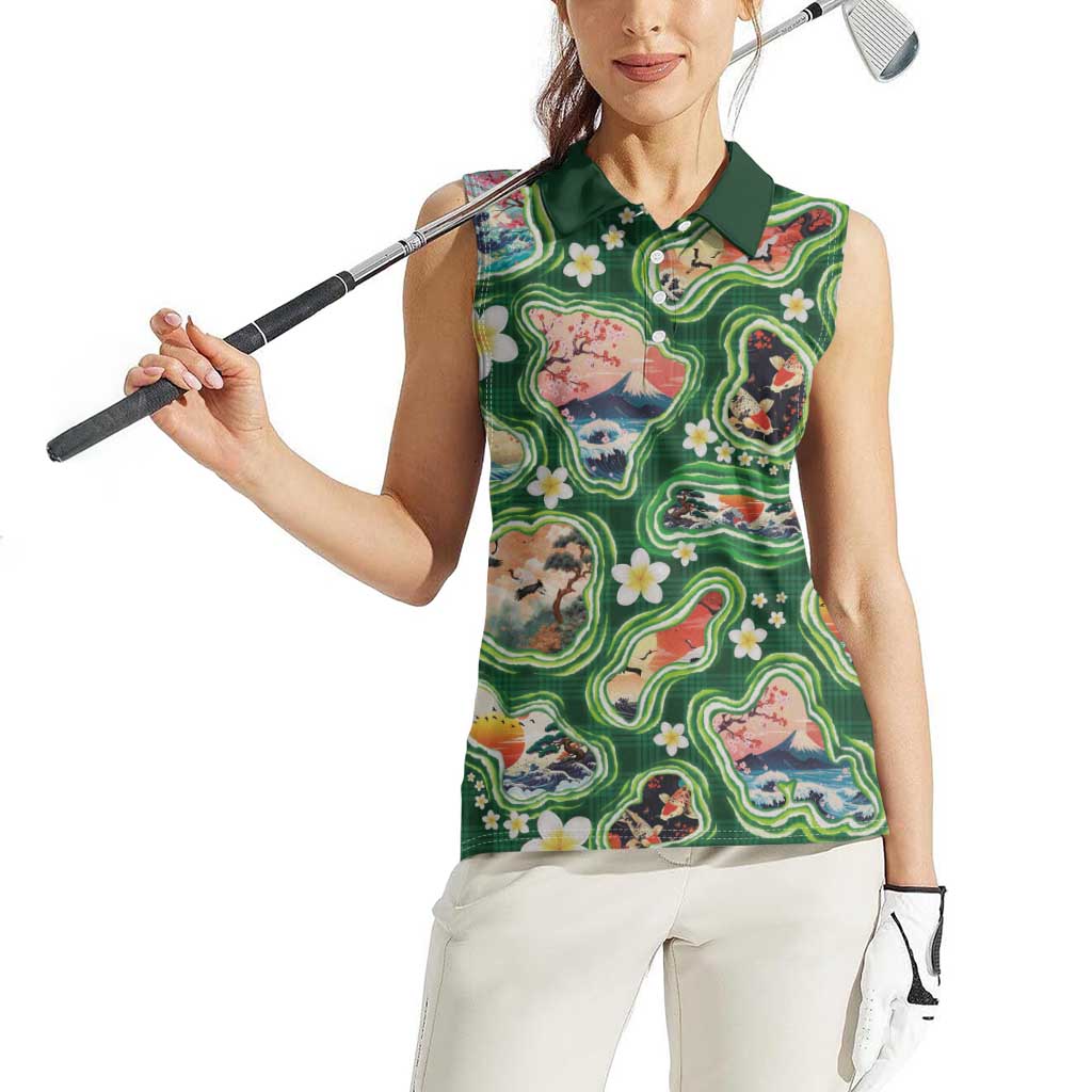 Hawaiian and Japanese Culture Together Women Sleeveless Polo Shirt Hawaiian Island Shapes with Japanese Landscape Green Color LT03 - Polynesian Pride