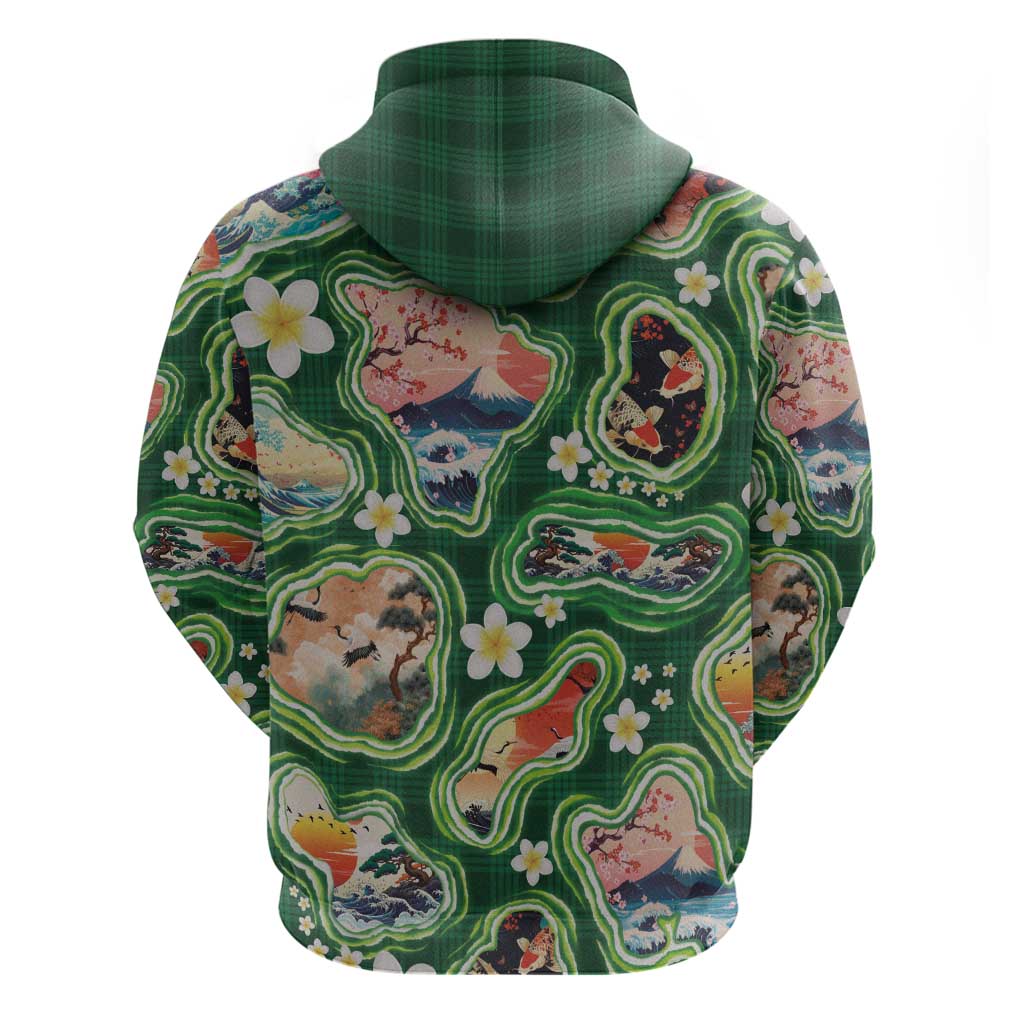 Hawaiian and Japanese Culture Together Zip Hoodie Hawaiian Island Shapes with Japanese Landscape Green Color LT03 - Polynesian Pride