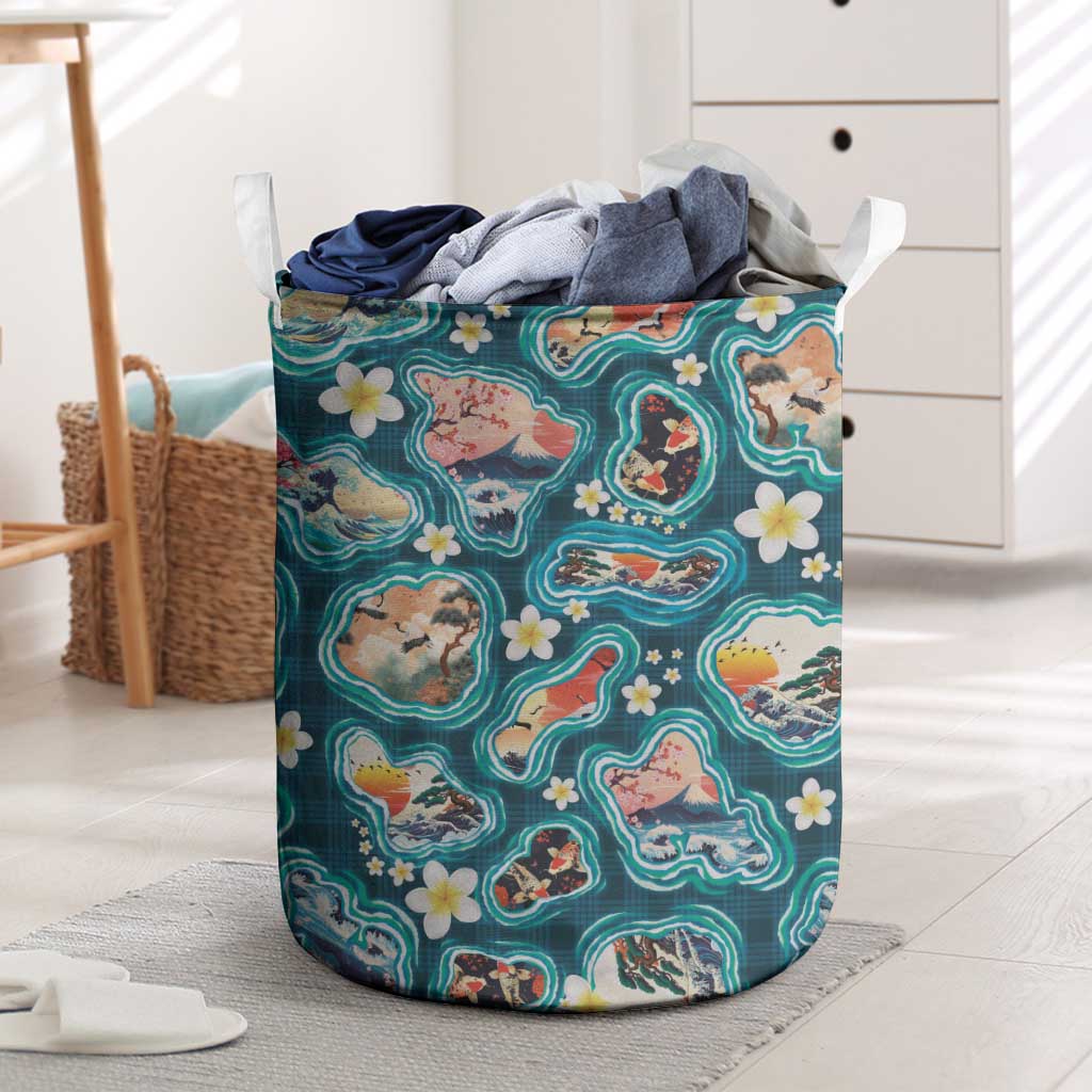 Hawaiian and Japanese Culture Together Laundry Basket Hawaiian Island Shapes with Japanese Landscape Teal Color