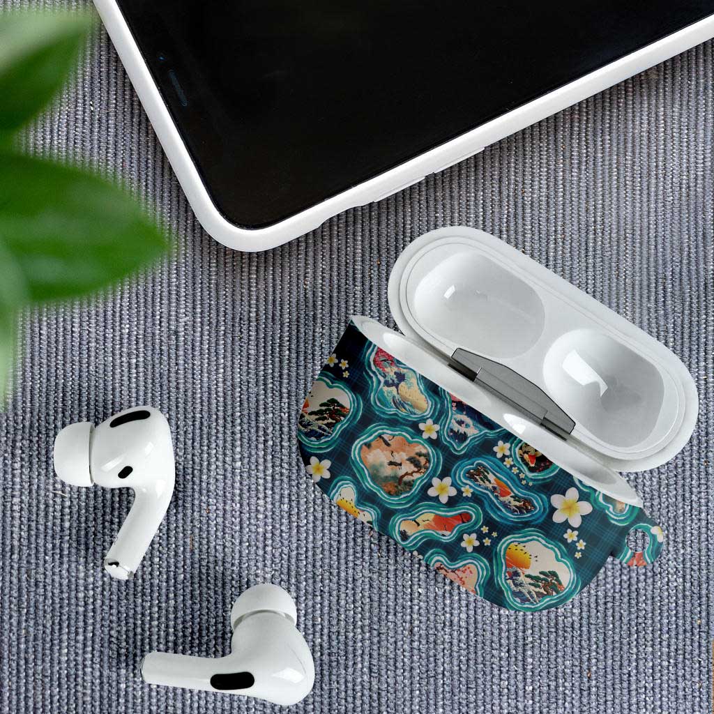 Hawaiian and Japanese Culture Together AirPods Case Hawaiian Island Shapes with Japanese Landscape Teal Color LT03 - Polynesian Pride