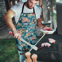 Hawaiian and Japanese Culture Together Apron Hawaiian Island Shapes with Japanese Landscape Teal Color LT03 - Polynesian Pride