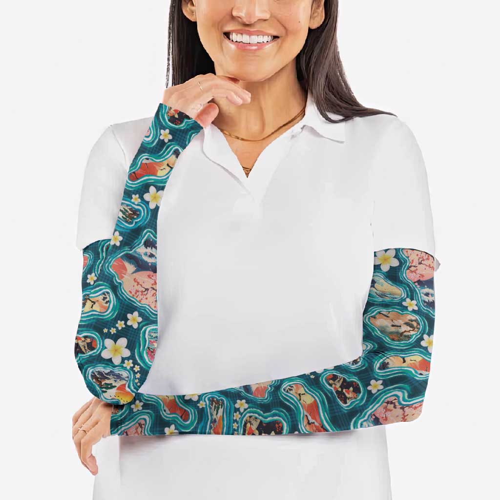Hawaiian and Japanese Culture Together Arm Sleeves Hawaiian Island Shapes with Japanese Landscape Teal Color LT03 - Polynesian Pride