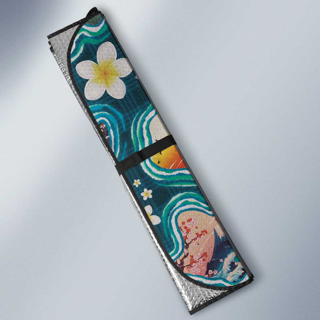 Hawaiian and Japanese Culture Together Auto Sun Shade Hawaiian Island Shapes with Japanese Landscape Teal Color LT03 - Polynesian Pride