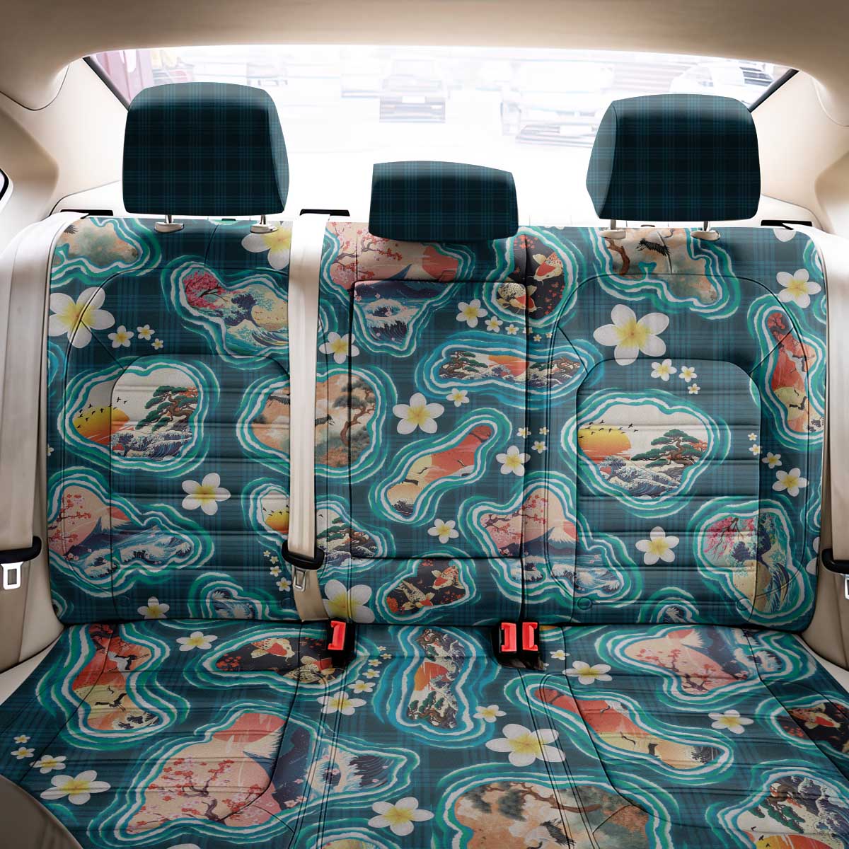 Hawaiian and Japanese Culture Together Back Car Seat Cover Hawaiian Island Shapes with Japanese Landscape Teal Color LT03 - Polynesian Pride