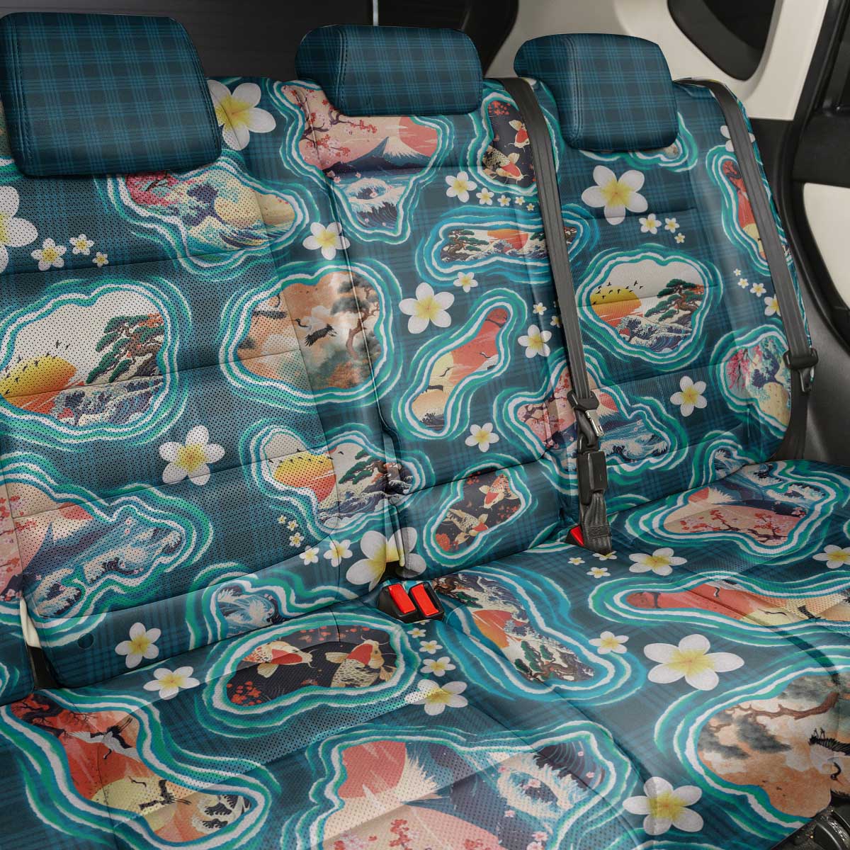 Hawaiian and Japanese Culture Together Back Car Seat Cover Hawaiian Island Shapes with Japanese Landscape Teal Color LT03 - Polynesian Pride