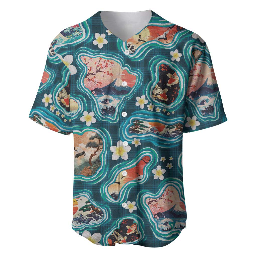 Hawaiian and Japanese Culture Together Baseball Jersey Hawaiian Island Shapes with Japanese Landscape Teal Color LT03 Teal - Polynesian Pride