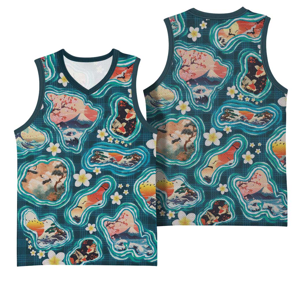 Hawaiian and Japanese Culture Together Basketball Jersey Hawaiian Island Shapes with Japanese Landscape Teal Color LT03 - Polynesian Pride