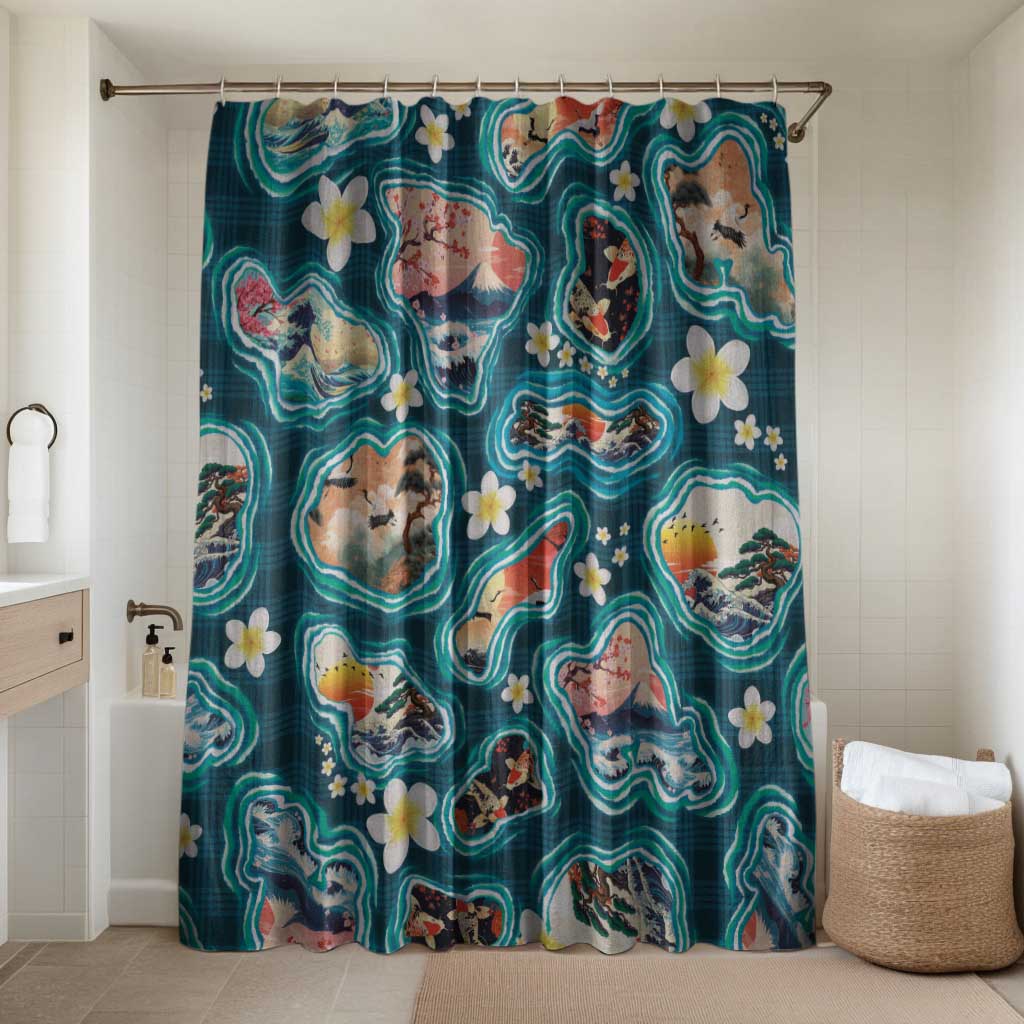 Hawaiian and Japanese Culture Together Bathroom Set Hawaiian Island Shapes with Japanese Landscape Teal Color LT03 Shower Curtain Only Teal - Polynesian Pride