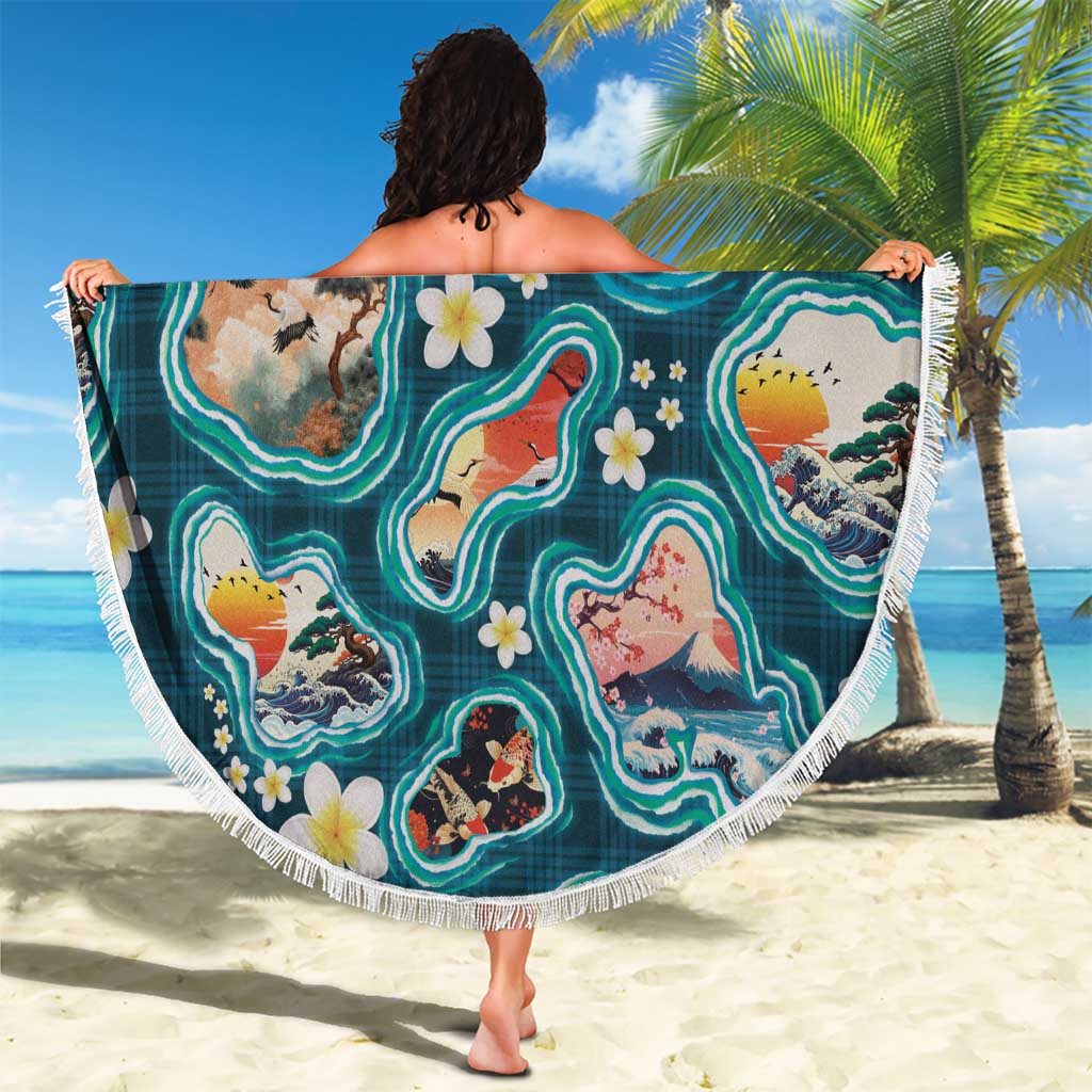 Hawaiian and Japanese Culture Together Beach Blanket Hawaiian Island Shapes with Japanese Landscape Teal Color LT03 - Polynesian Pride