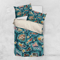 Hawaiian and Japanese Culture Together Bedding Set Hawaiian Island Shapes with Japanese Landscape Teal Color LT03 US Twin 172cm x 218cm Teal - Polynesian Pride