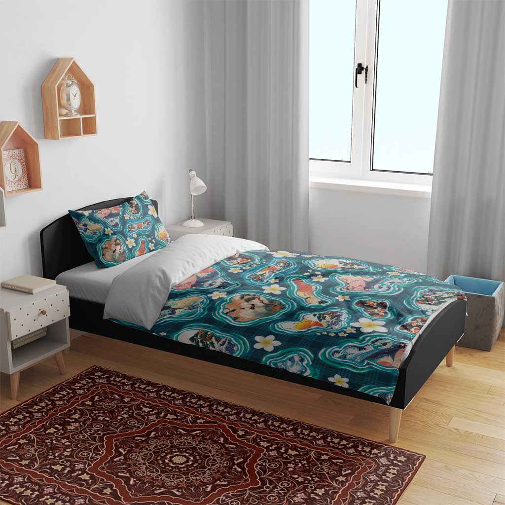 Hawaiian and Japanese Culture Together Bedding Set Hawaiian Island Shapes with Japanese Landscape Teal Color LT03 - Polynesian Pride