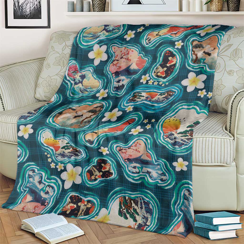 Hawaiian and Japanese Culture Together Blanket Hawaiian Island Shapes with Japanese Landscape Teal Color LT03 - Polynesian Pride