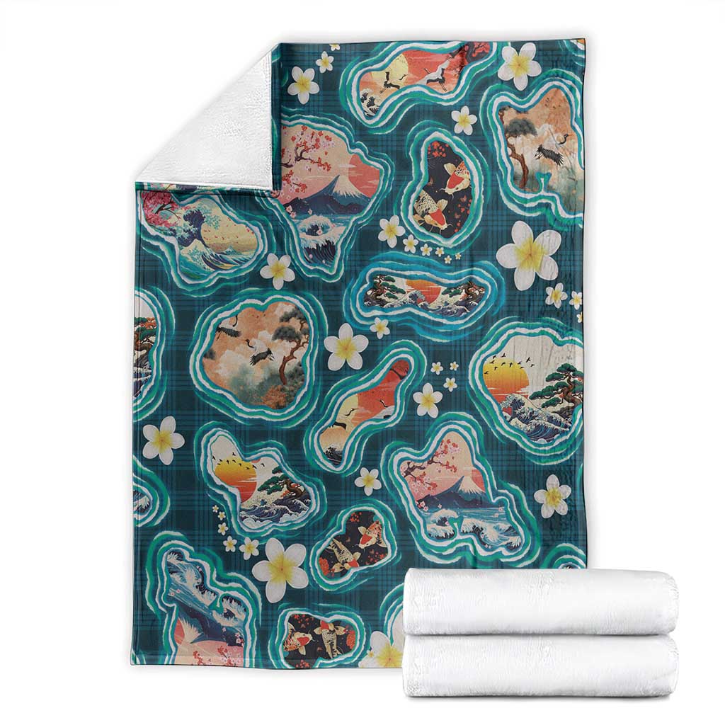 Hawaiian and Japanese Culture Together Blanket Hawaiian Island Shapes with Japanese Landscape Teal Color LT03 - Polynesian Pride