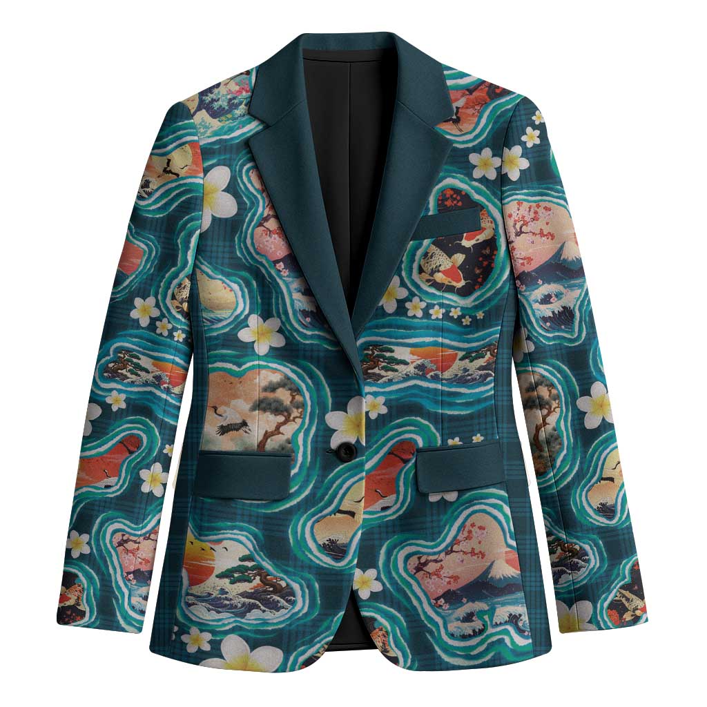 Hawaiian and Japanese Culture Together Blazer Hawaiian Island Shapes with Japanese Landscape Teal Color LT03 Unisex Teal - Polynesian Pride