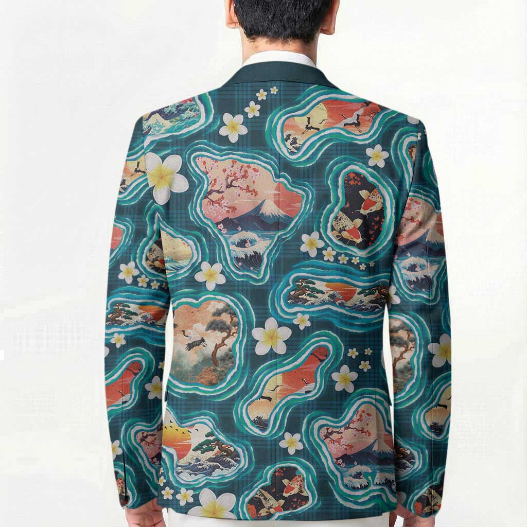Hawaiian and Japanese Culture Together Blazer Hawaiian Island Shapes with Japanese Landscape Teal Color LT03 - Polynesian Pride