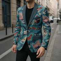 Hawaiian and Japanese Culture Together Blazer Hawaiian Island Shapes with Japanese Landscape Teal Color LT03 - Polynesian Pride