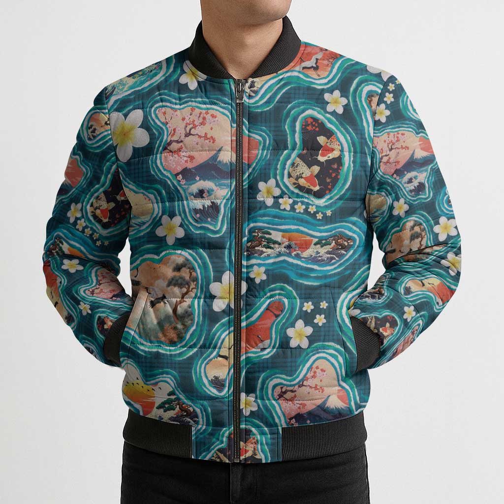Hawaiian and Japanese Culture Together Bomber Puffer Jacket Hawaiian Island Shapes with Japanese Landscape Teal Color LT03 - Polynesian Pride