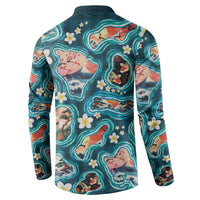 Hawaiian and Japanese Culture Together Button Sweatshirt Hawaiian Island Shapes with Japanese Landscape Teal Color LT03 - Polynesian Pride