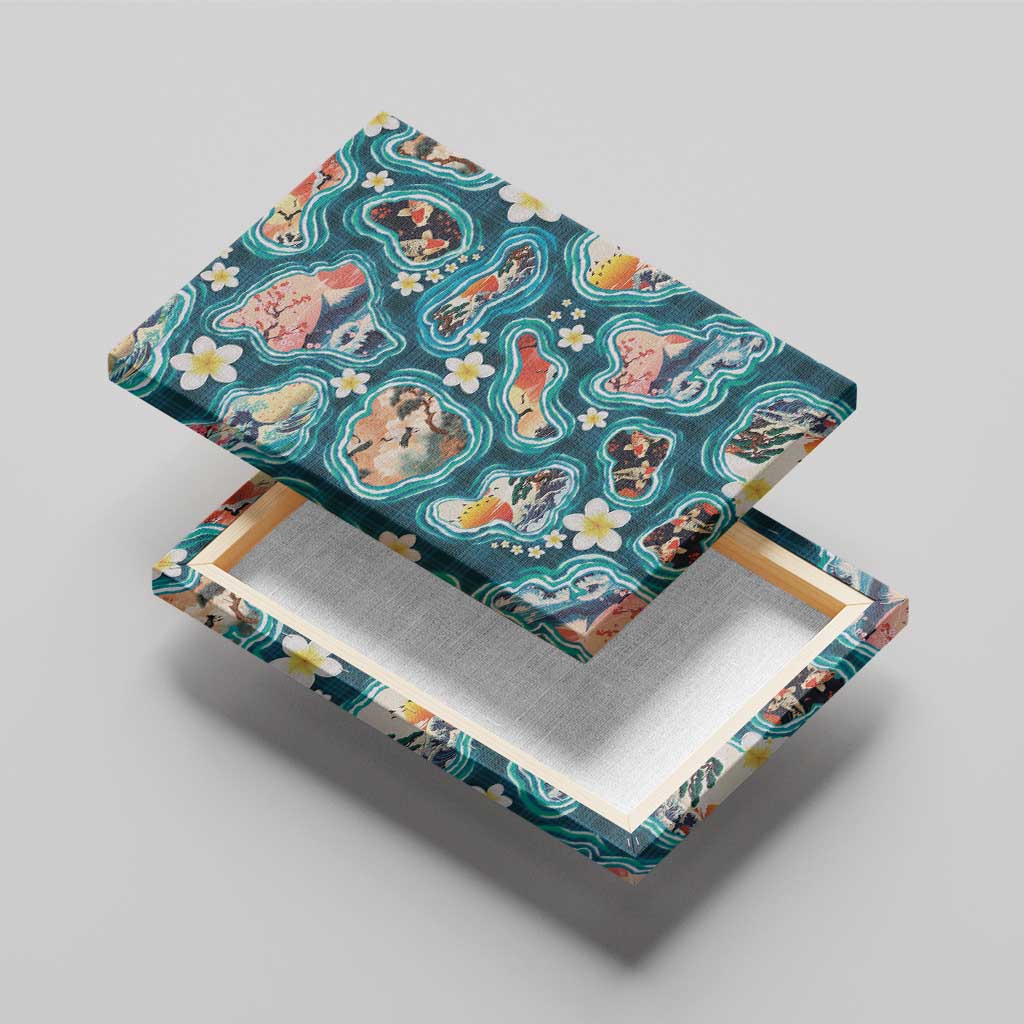 Hawaiian and Japanese Culture Together Canvas Wall Art Hawaiian Island Shapes with Japanese Landscape Teal Color LT03 - Polynesian Pride