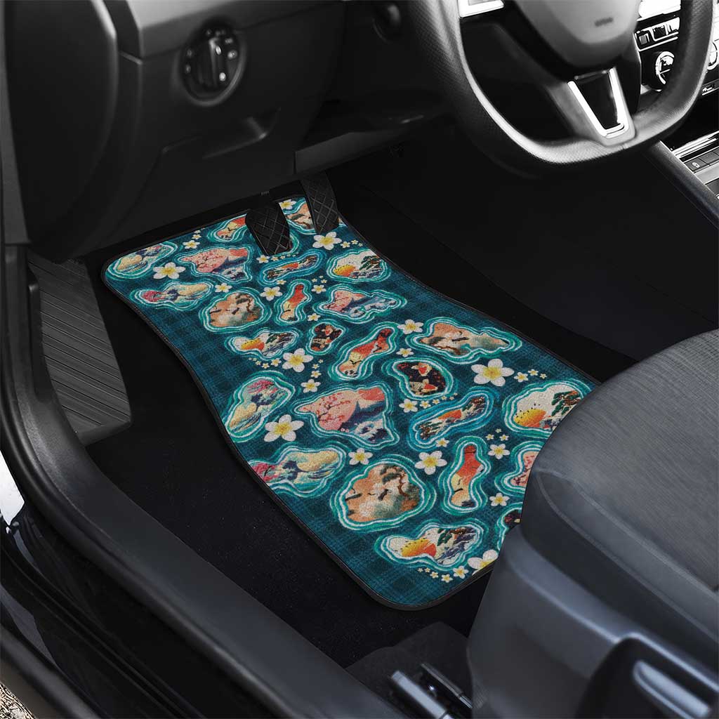 Hawaiian and Japanese Culture Together Car Mats Hawaiian Island Shapes with Japanese Landscape Teal Color LT03 - Polynesian Pride